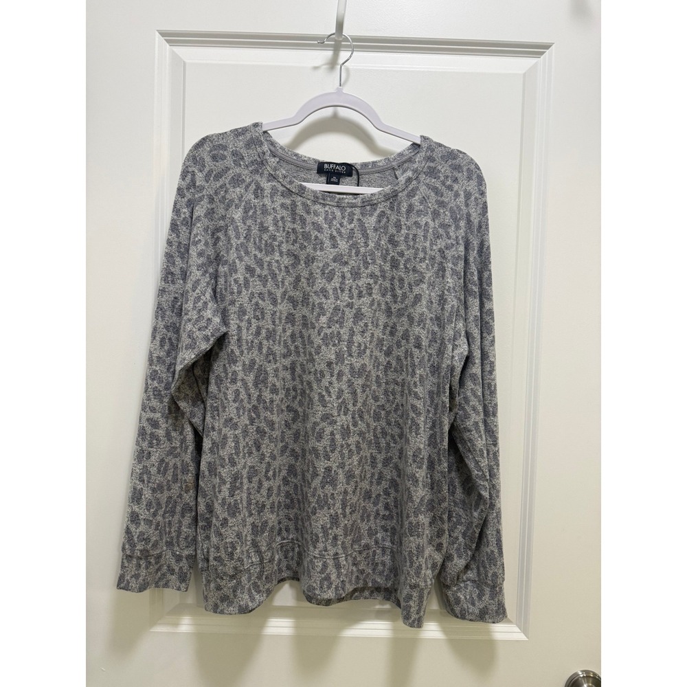 Buffalo David Bitton Gray Leopard Print Long Sleeve Raglan Top XL